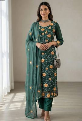Teal green georgette multi thread and sequins embroidery work free size suit 1