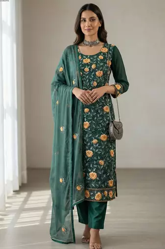 Teal green georgette multi thread and sequins embroidery work free size suit