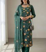 Teal green georgette multi thread and sequins embroidery work free size suit