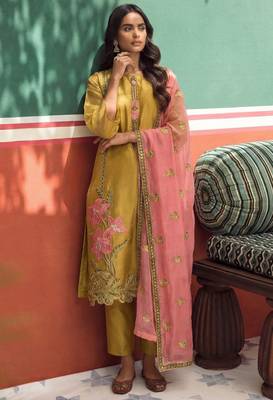 Yellow silk blend embroidered   thread work & sequins free size suit 1