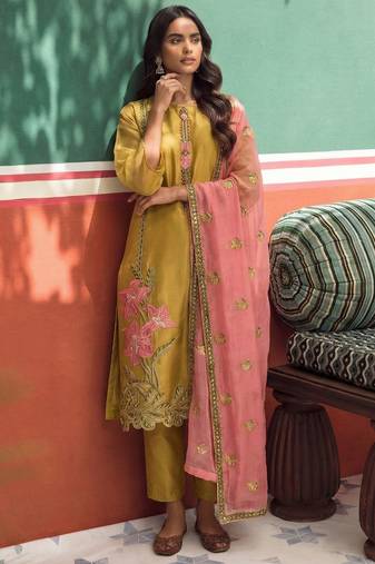 Yellow silk blend embroidered   thread work & sequins free size suit