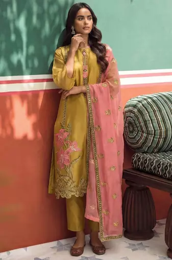 Yellow silk blend embroidered   thread work & sequins free size suit