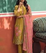 Yellow silk blend embroidered   thread work & sequins free size suit