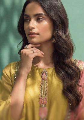 Yellow silk blend embroidered   thread work & sequins free size suit 2