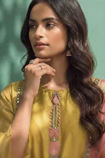 Yellow silk blend embroidered   thread work & sequins free size suit