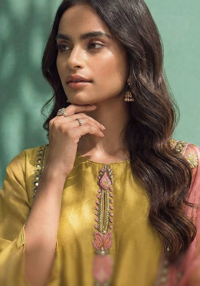 Yellow silk blend embroidered   thread work & sequins free size suit