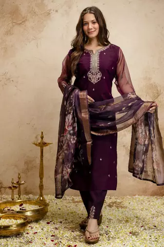 Purple silk blend embroidered free size suit