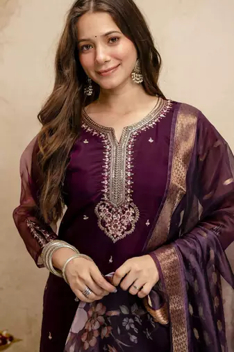 Purple silk blend embroidered free size suit