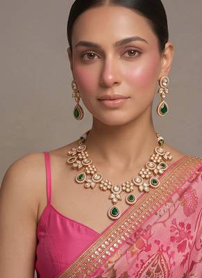 Gold plated royal green kundan necklace set 1