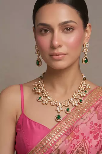 Gold plated royal green kundan necklace set