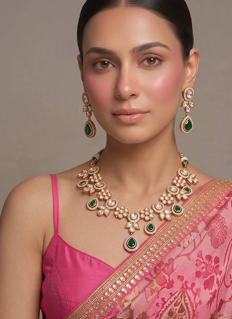 Gold plated royal green kundan necklace set