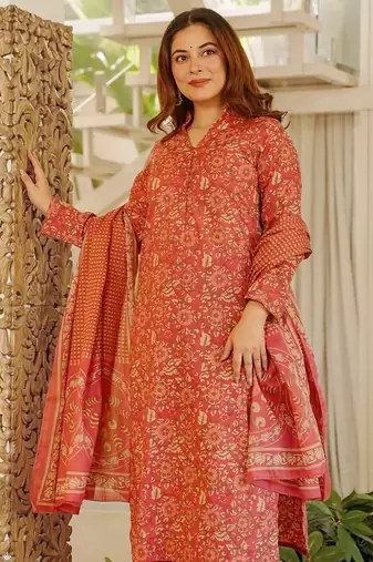 Peach blended cotton printed free size suit