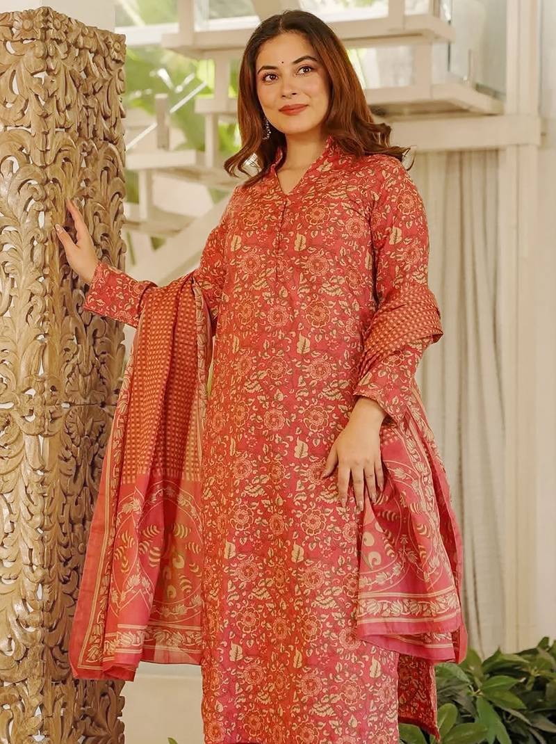 Peach blended cotton printed free size suit