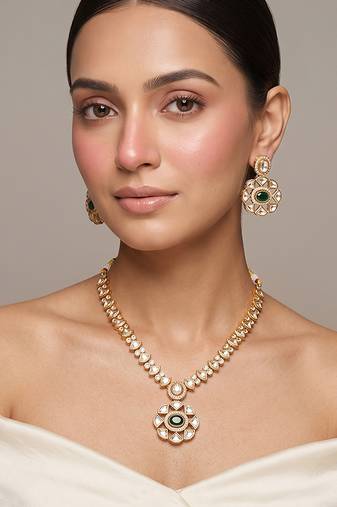 Gold plated green kundan necklace set