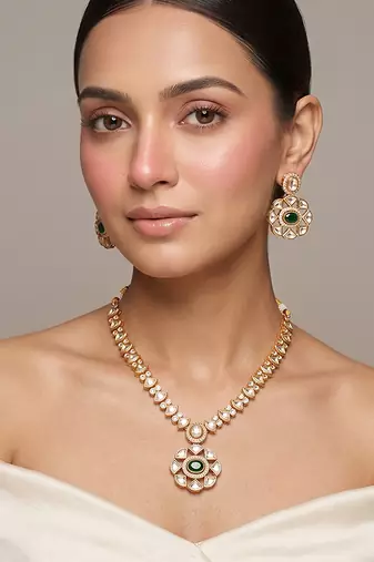 Gold plated green kundan necklace set