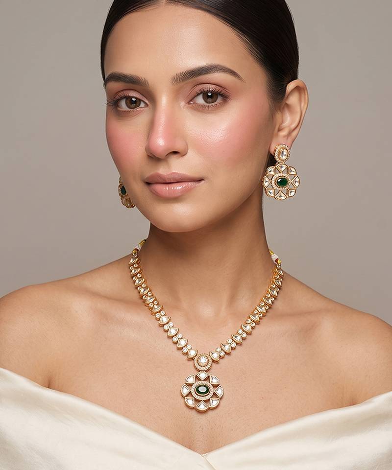 Gold plated green kundan necklace set