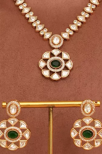 Gold plated green kundan necklace set