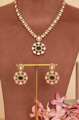 Gold plated green kundan necklace set