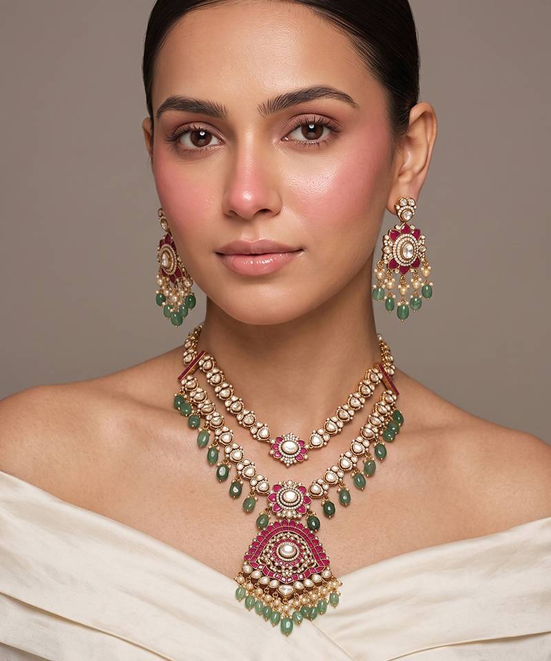 Gold plated royal heritage kundan layered necklace set