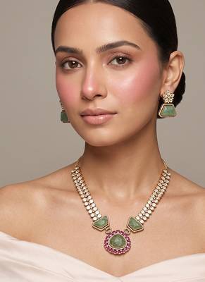 Gold plated green kundan polki necklace set 1