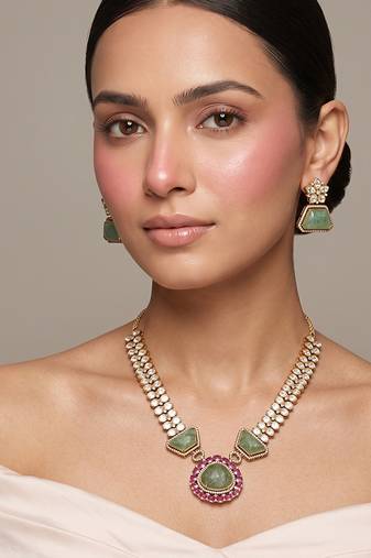 Gold plated green kundan polki necklace set