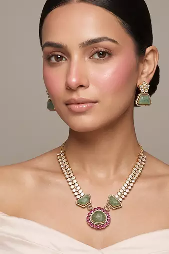 Gold plated green kundan polki necklace set