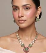 Gold plated green kundan polki necklace set