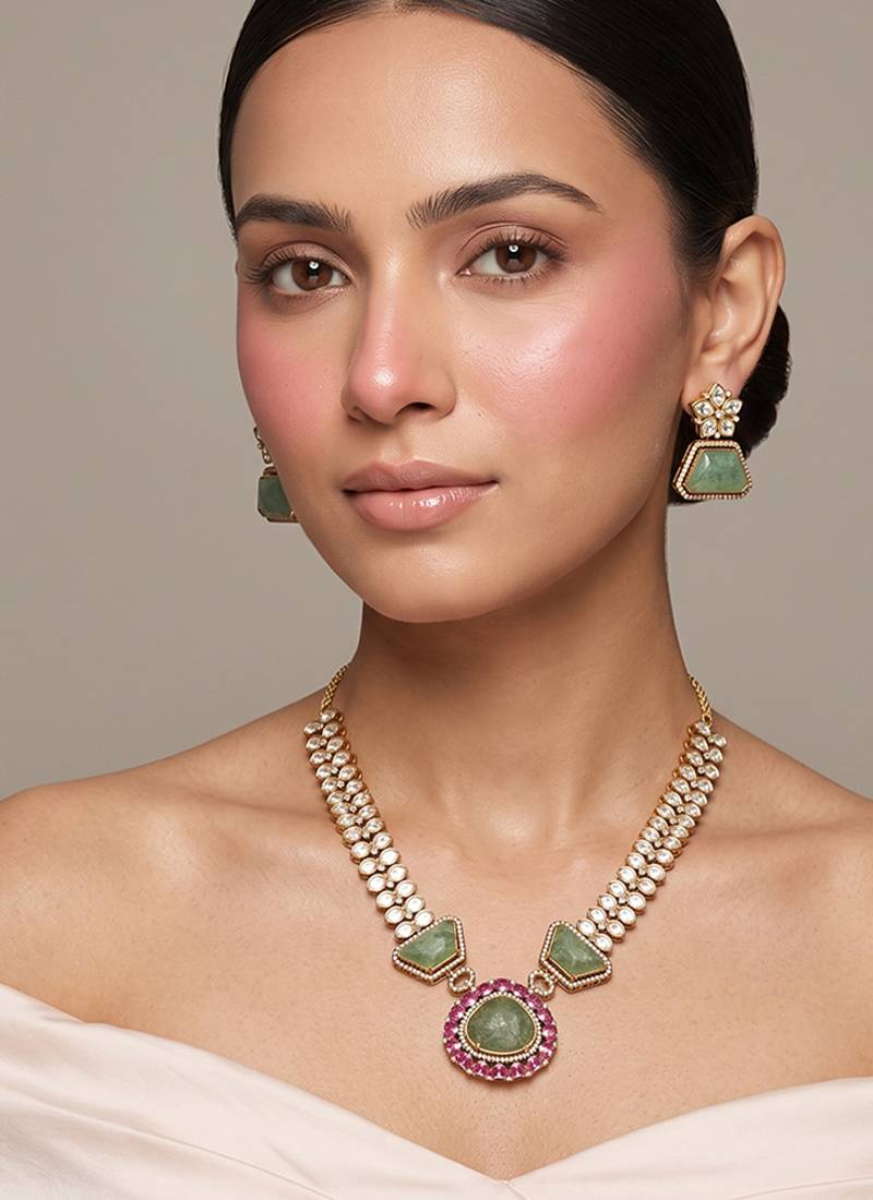 Gold plated green kundan polki necklace set