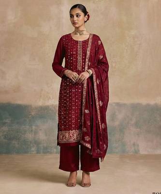 Magenta georgette embroidered top with multi thread and sequins work along with khatli work on neckline free size suit 1