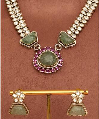 Gold plated green kundan polki necklace set 3