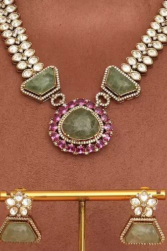 Gold plated green kundan polki necklace set