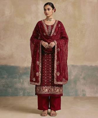 Magenta georgette embroidered top with multi thread and sequins work along with khatli work on neckline free size suit 2