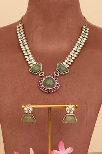 Gold plated green kundan polki necklace set