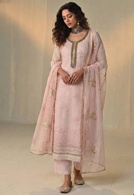 Pink georgette embroidered with multi thread and sequins work along with khatli work free size suit 1