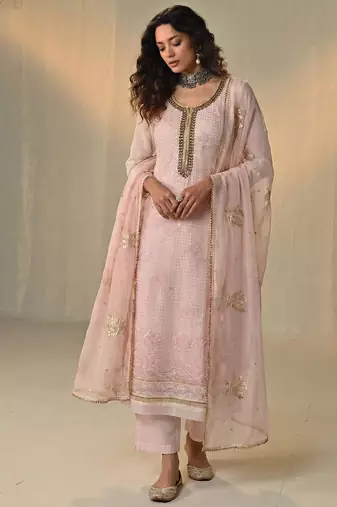 Pink georgette embroidered with multi thread and sequins work along with khatli work free size suit