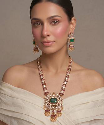 Gold plated green kundan polki long necklace set 1