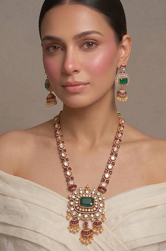 Gold plated green kundan polki long necklace set