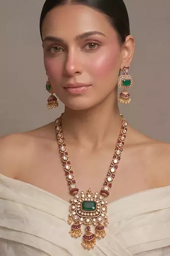 Gold plated green kundan polki long necklace set