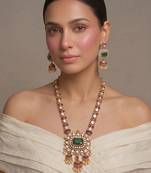 Gold plated green kundan polki long necklace set