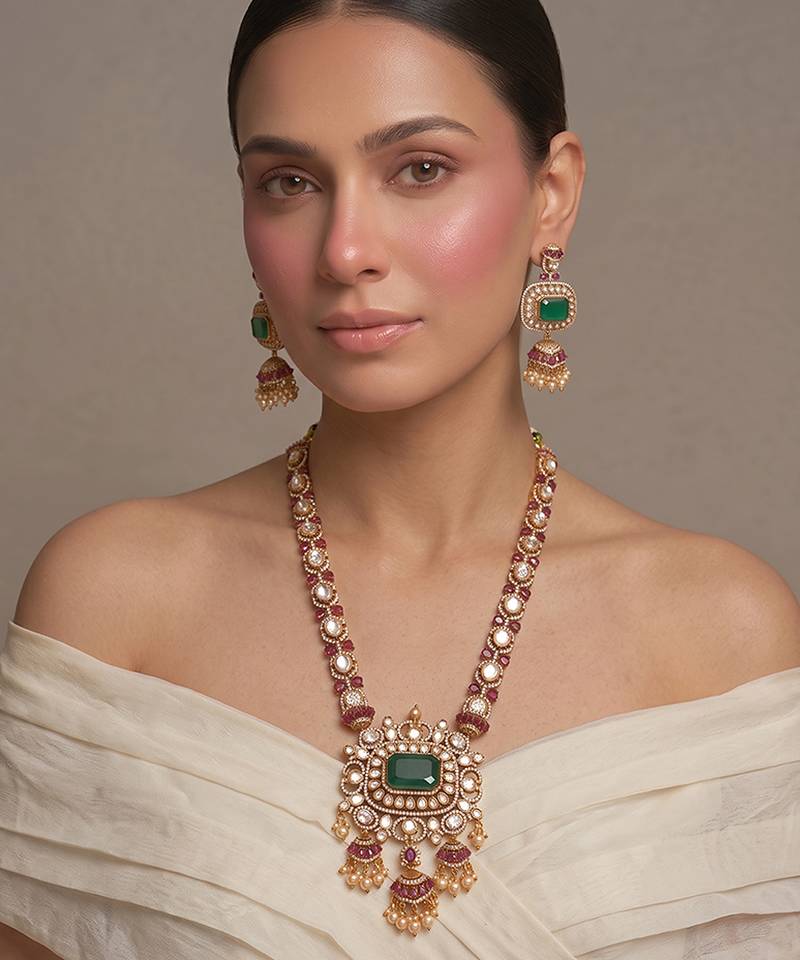 Gold plated green kundan polki long necklace set
