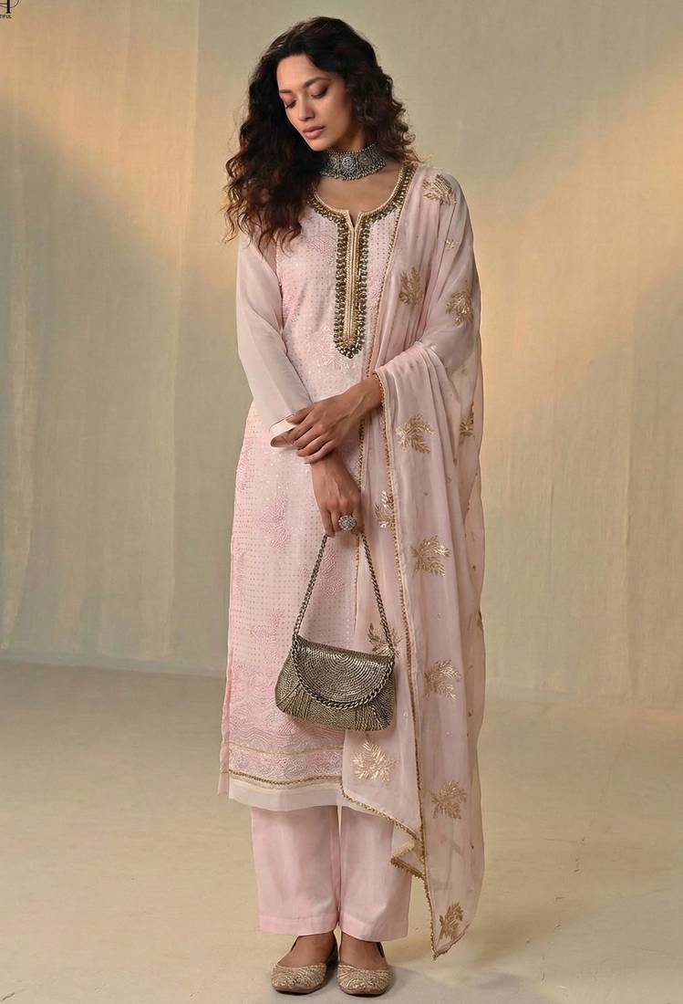 Pink georgette embroidered with multi thread and sequins work along with khatli work free size suit