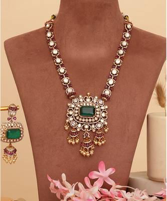 Gold plated green kundan polki long necklace set 2