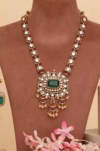 Gold plated green kundan polki long necklace set