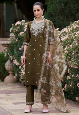 Green viscose rayon embroidered free size suit 1