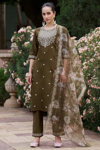Green viscose rayon embroidered free size suit