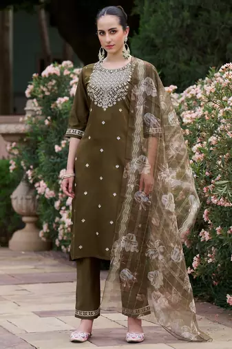 Green viscose rayon embroidered free size suit