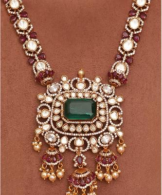 Gold plated green kundan polki long necklace set 3