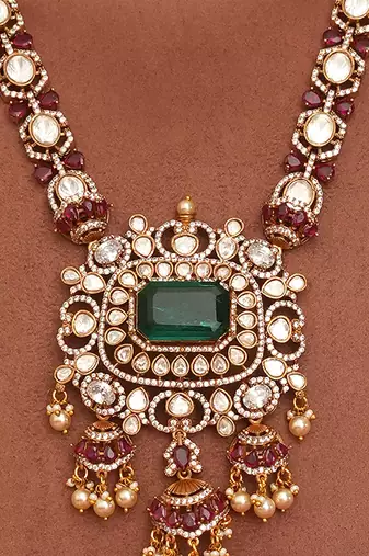 Gold plated green kundan polki long necklace set