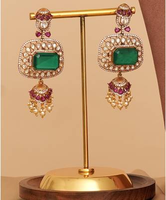Gold plated green kundan polki long necklace set 4