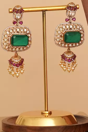 Gold plated green kundan polki long necklace set